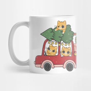 Cute kawaii ginger orange kitten cat on Christmas car cartoon Mug